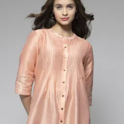 SHAYE Peach Chanderi Regular fit Print Kurta kurtis image 1