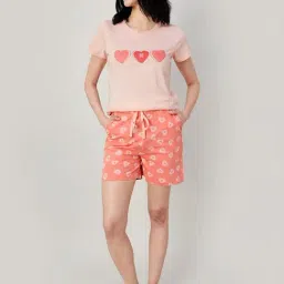 Ginger by Lifestyle Peach Cotton Printed T-Shirt Short Set-image-3