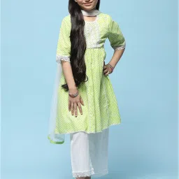 BIBA Girls Green & White Printed Kurta, Plazzos with Dupatta image 1