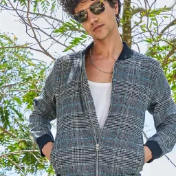 Campus Sutra Black Cotton Regular Fit Checks Bomber Jacket image 1