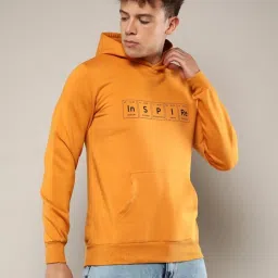 Campus Sutra Mustard Yellow Cotton Regular Fit Printed Hooded Sweatshirt image 1