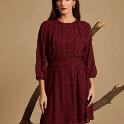 Kazo Maroon Self Pattern A-Line Dress-picture-27