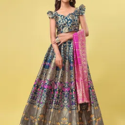 PURVAJA Teal Floral Print Stitched Lehenga & Unstitched Blouse With Dupatta image 1