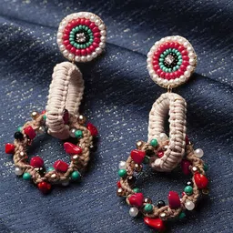 StyleCast Gold-Plated Artificial Stones Studded and Beaded Circular Shaped Drop Earrings-picture-17