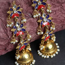 Priyaasi Gold-Plated & Blue Dome Shaped Enamelled Jhumkas-picture-22