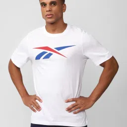 Reebok White Cotton Slim Fit Printed Sports T-Shirt image 1