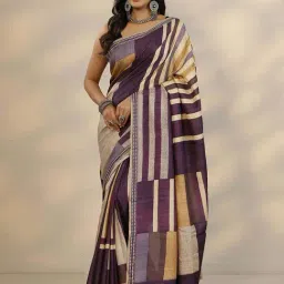 Libas Purple Striped Saree With Unstitched Blouse-image-27