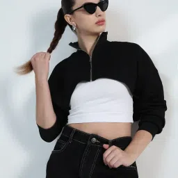 showoffff Showoff Black Cotton Relaxed Fit Crop Top With Inner Tank Top image 1