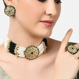 Zaveri Pearls Green Kundan Clustered Pearls Choker Necklace Earring & Ring Set-ZPFK11228-picture-41