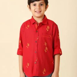 Fabindia Kids Red Cotton Printed Full Sleeves Shirt-picture-22