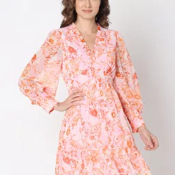 Vero Moda Orange Printed Fit & Flare Dress image 1