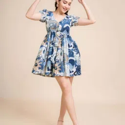 House of Mira Blue Print A-Line Dress image 1