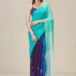 navyasa by liva Blue Printed Saree With Unstitched Blouse image 1