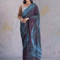 navyasa by liva Blue & Purple Printed Saree With Unstitched Blouse image 1