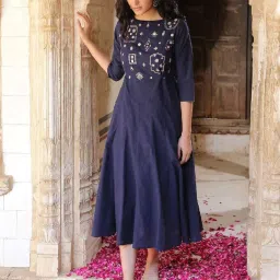 Okhai Luminary Navy Pure Cotton Hand Embroidered A-Line Dress image 1