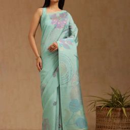 Soch Turquoise Blue Tussar Woven Design Saree With Stitched Blouse-picture-29