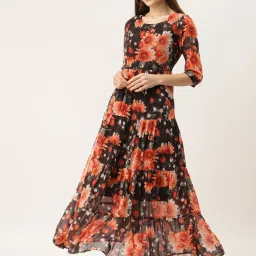 Deewa Black & Orange Floral Print Gown image 1