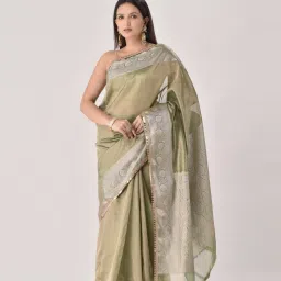 Sutra Attire Olive Green Ranisa Edit Banarasi Handwoven Tissue Saree with Unstitched Blouse Piece image 1