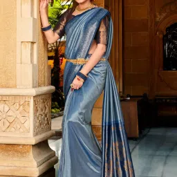 Saree Mall Blue Woven Saree With Unstitched Blouse image 1