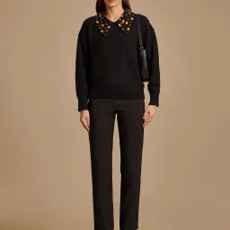 Kazo Black Polyester Relaxed Fit Textured Sweaters image 1