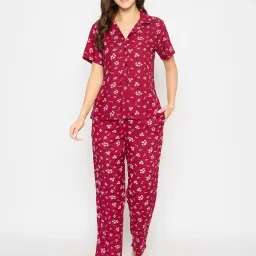 Clovia Maroon Rayon Relaxed Fit Floral Print T-Shirt & Pyjama image 1