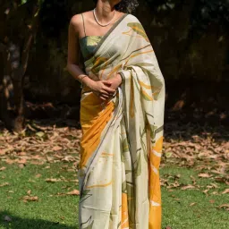 Suta Off-White & Green Cotton Printed Saree Without Blouse image 1