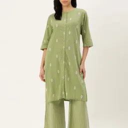 Clt.s Green Cotton Embroidered Kurta Palazzo Set image 1