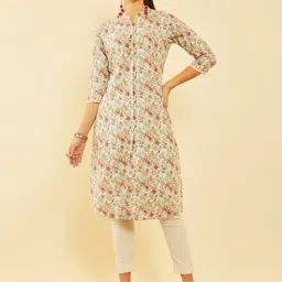 Soch Off White Poly Cotton Floral Printed Straight Kurta With Tassels image 1