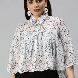 showoffff SHOWOFF Three-Quarter Sleeves Shirt Collar White Polka Dots Top image 1