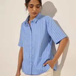 Wardrobe by Westside Blue Pinstriped Cotton Shirt image 1