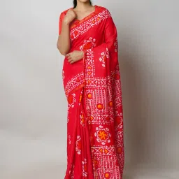 Unnati Silks Red Printed Saree With Unstitched Blouse image 1