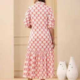 Jaipur Kurti Orange & White Cotton Printed Tiered A Line Dress image 2