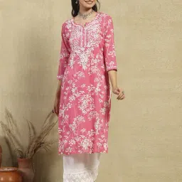 House of Chikankari Pink Cotton Chikankari 3/4th Sleeve Kurta-image-5