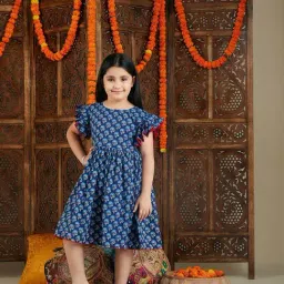 VASTRAMAY Girls Indigo Blue Cotton Floral Dresses-image-1