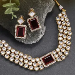 Peora Gold-Plated Maroon Kundan Choker Necklace & Earrings Traditional Jewellery Set-picture-17