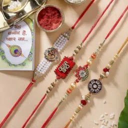 NVR Gold-Toned Stone-Studded & Beaded Rakhi with Roli Chawal - Set of 4-image-5