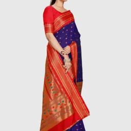 Varkala Silk Sarees Blue & Red Silk Woven Saree With Unstitched Blouse image 4