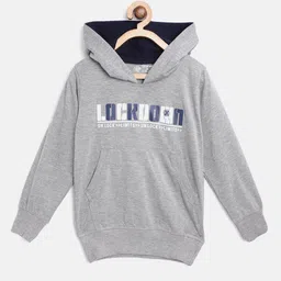 CHIMPRALA Kids Grey Melange & White Printed Antimicrobial Cotton Hooded Sweatshirt-picture-53