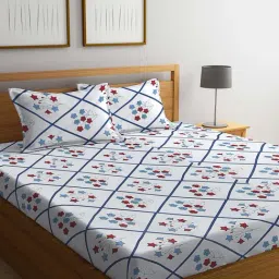Klotthe Floral White & Blue 300 TC Cotton Blend King Bed Sheet with 2 Pillow Covers-picture-32