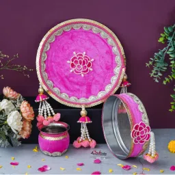 eCraftIndia Pink Decorative Stainless Steel Karwa Chauth Thali-picture-13