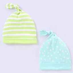 Babyhug 100% Cotton Stripped and Paw Printed Caps Pack of 2 Green and Blue - Diameter 9.5 cm-picture-28