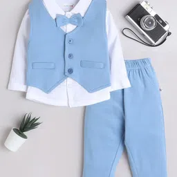 BUMZEE Full Sleeves Solid 3 Piece Shirt & Pant Set - Powder Blue & White-image-34