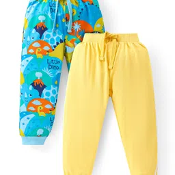 Babyhug Cotton Knit Full Length Lounge Pants With Dino Print Pack Of 2 - Yellow & Light Blue-image-83