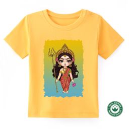 BLUSHES Durga Puja Theme 100% Cotton Half Sleeves Durga Maa Printed Tee - Yellow-picture-15