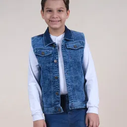 Kiddopanti Sleeveless Solid Mid Washed Denim Jacket - Blue-picture-27