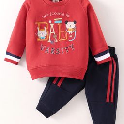 Zero Cotton Knit Full Sleeves Winter Wear Sweatshirt & Joggers Set with Animal Print -Red & Navy-picture-4