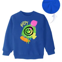 KAVEE Fleece Knit Full Sleeves Happy Text Printed Sweatshirt - Royal Blue-image-2