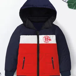 Trampoline Full Sleeves Athletic Department Text Printed Colour Blocked Padded Hooded Jacket - Blue & Red-picture-21