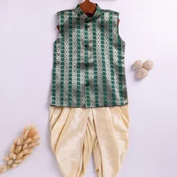 JBN Creation Silk Blend Sleeveless Ethnic Motif Foil Printed Kurta Dhoti Set - Green image 1
