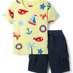 Babyhug Single Jersey Knit Half Sleeves T-Shirt & Shorts Set with Nautical Theme Print - Yellow & Navy Blue-picture-34